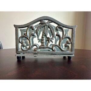 Vtg Cast Iron Palm Tree Napkin Holder Blue/Green Tropical Coastal Decor 7 Inch
